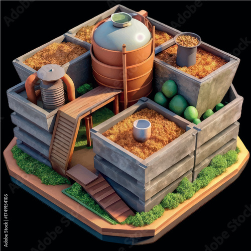 Eco-Friendly Composting System: A meticulously designed composting system showcasing the process of recycling organic materials, promoting sustainability and environmental consciousness.