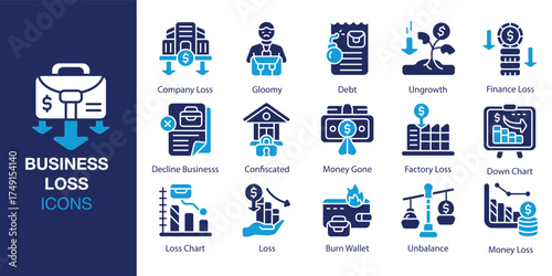 Business Loss icon set. Containing money, crisis, graph, financial, recession and more. Solid vector icons collection. Vector illustration.