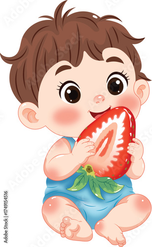 Cute baby cartoon eating big strawberry illustration, adorable child character in blue outfit, kawaii style vector art for kids design, nursery decoration, sticker, or baby product packaging