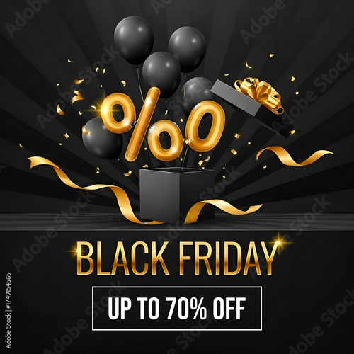 Black friday Sale celebration with a surprise box, balloons, and golden confetti, offering up to 70 off on selected items for a limited time.