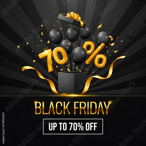Black friday Sale celebration with a surprise box, balloons, and golden confetti, offering up to 70 off on selected items for a limited time.