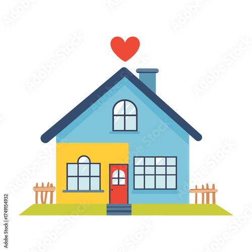 Flat vector illustration of a two-tone house with a red heart above the roof and a fence. Excellent for websites/blogs on real estate, family, insurance, or property concepts.

