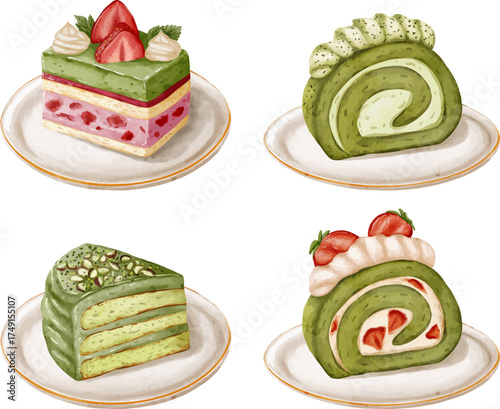 Strawberry Matcha dan Cake Watercolor Dessert Illustration
