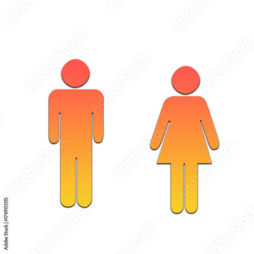 An illustration of a male and female restroom symbol in orange gradient on a black background on transparent background