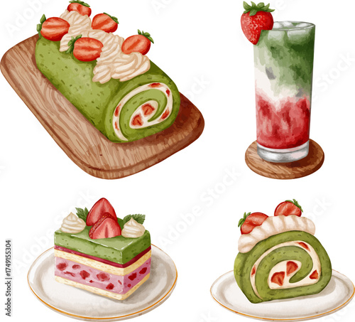 Strawberry Matcha Drink dan Cake Watercolor Dessert Illustration