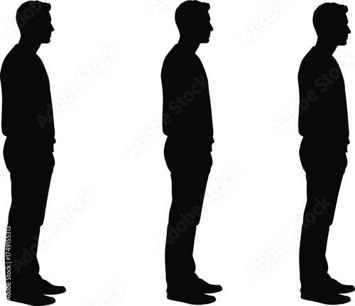 Human silhouette vector illustration, black figure design, standing posture template, identical male outline, minimal style, animation reference, isolated on white background