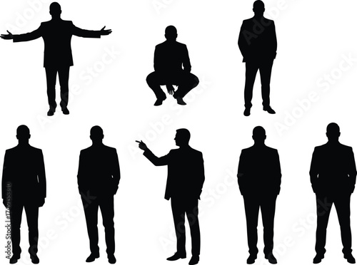 Human silhouette vector set, body language poses, standing, squatting, pointing gestures, black figure icons, isolated people shapes, editable illustration