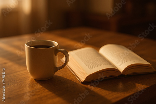 A warm mug of coffee sits beside an open book bathed in soft light
