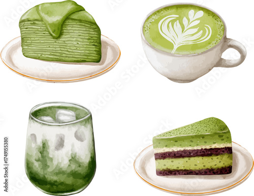 Matcha Cake and Drink Watercolor Delicious Dessert Illustration