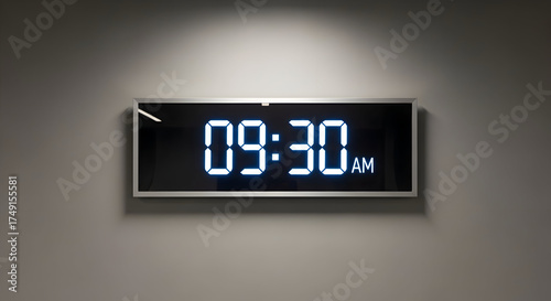 Digital clock showing 0930 am on a gray wall in a public space with a modern look and feel