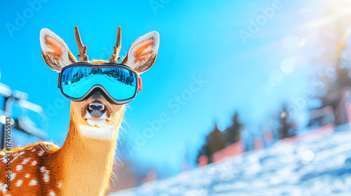A reindeer wearing snowboarding goggles and a hat stands at the top of a ski slope against a backdrop of snow-capped mountains and a blue sky
