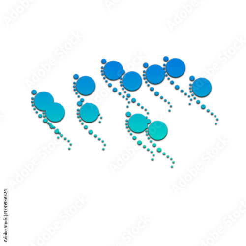 Abstract design featuring blue and teal circles with trailing dots on a black background on transparent background