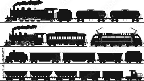 Train silhouette vector set, steam locomotive, diesel engine, electric train, cargo railcars, passenger transport, vintage railway icons, black and white illustration