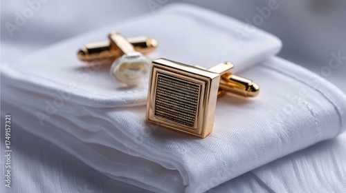 cufflink. Extreme close-up of a sophisticated cufflink on a crisp white shirt cuff. lifestyle magazines, social media lookbooks, designed for influencer and brand collaborations.