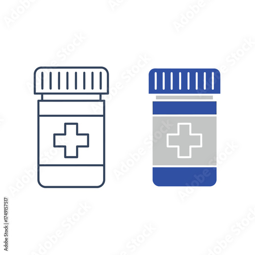 Medical pill bottle icon set for healthcare and pharmacy concepts. Vector line art and filled style illustrations for treatment and prescriptions