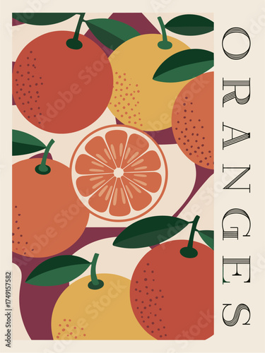 Modern vector illustration of oranges in burnt orange and mustard yellow tones with a stylized sliced orange, cream background, geometric plum accents, and minimalist “ORANGES” typography