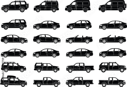 Vehicle silhouette vector set, car body types collection, SUV, sedan, hatchback, van, pickup, automotive design comparison, side view icons