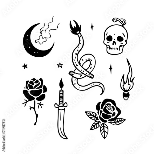 Tattoo flash sheet featuring occult and gothic themes