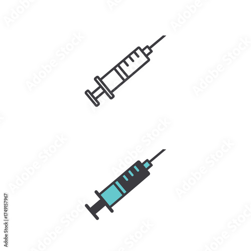 Medical syringe icon set representing vaccination and healthcare. Vector illustration of an injection needle symbol in linear and filled outline styles