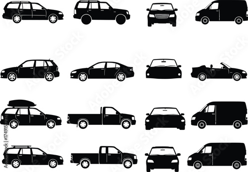 Vehicle silhouette vector set, car types illustration, SUV, sedan, van, pickup, convertible icons, front side rear views, automotive design collection