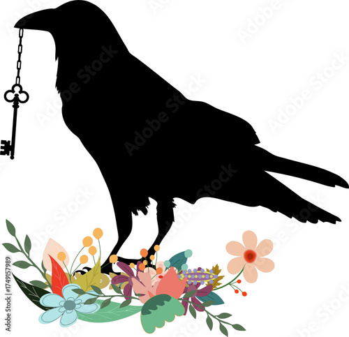 Raven Holding Key on Flowers
