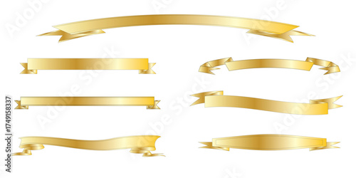 A collection of elegant shiny golden ribbons and banners in various curved and straight shapes.