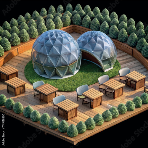 Modern Greenhouse Oasis: An innovative and sustainable outdoor space blends geometric architecture with nature.