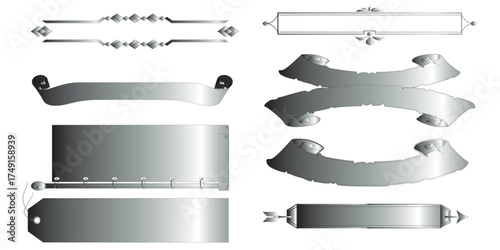 Collection of Silver Metallic Decorative Labels and Banners.