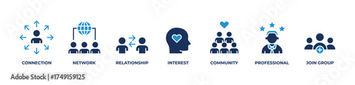 Connected Professional Community Icons set vector illustration blue with Connection, Network, Relationship, Interest, Community, Professional, Join group