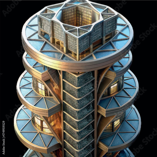 Architectural Marvel: A visionary architectural marvel showcasing a modern skyscraper design. The intricate and futuristic aesthetic. The sleek, metallic surfaces reflect light.