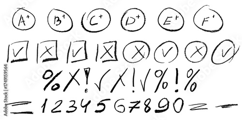 Crayon grade mark. Handwriting pencil check score for exam. Marker wrong and good sign in circle line. School kids grading and teacher scribble to underline word set on paper design. Tick and cross.