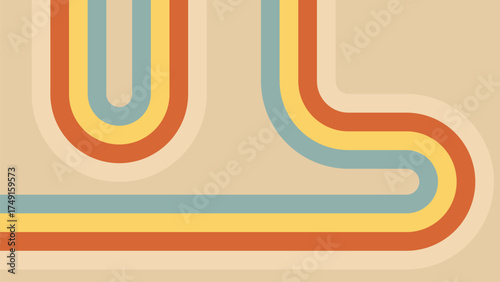 Abstract groovy rainbow with line pattern. Vintage 70s stripe background with simple retro design. Playful funky and psychedelic 60s graphic art. Pop fun curve flow illustration for minimal cover.