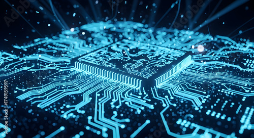 Closeup of a glowing blue circuit board with a central processor unit, technology concept