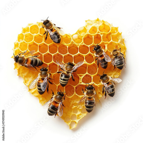 Bees on heart-shaped honeycomb on an isolated white background. Generated AI
