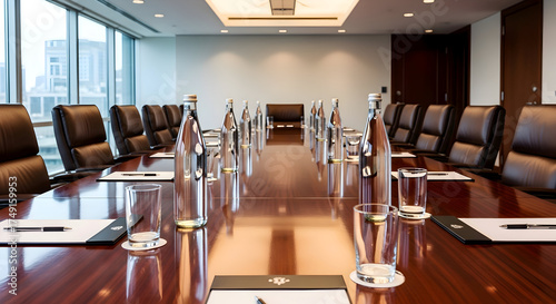 Empty boardroom with a long table, leather chairs, water bottles, and notepads ready for a meeting