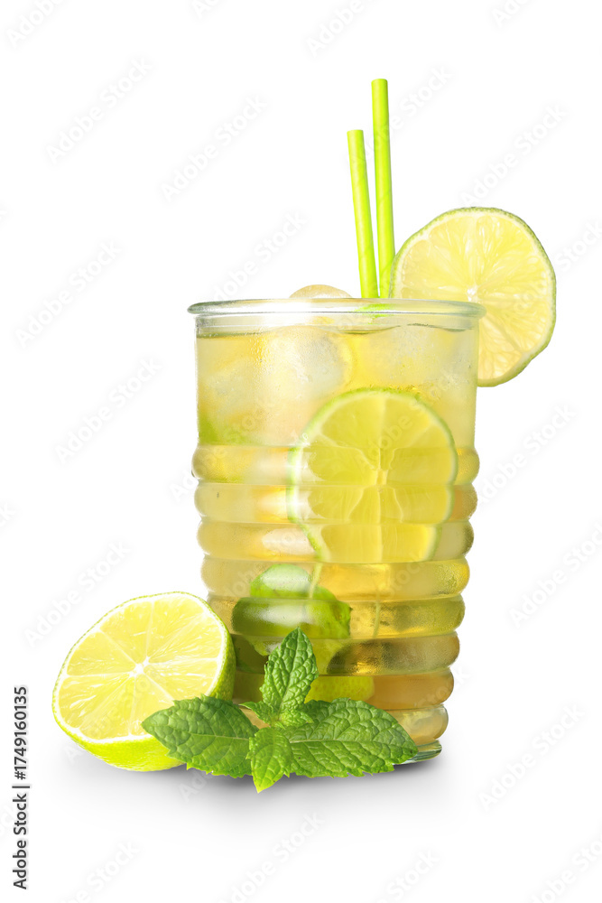 Fototapeta premium Glass of cold tea with lime slices and mint leaves on white background