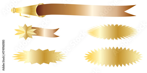 Collection of elegant golden ribbons and starburst award seals.