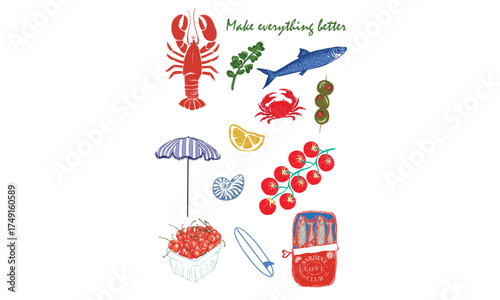 Lobster, sardine, olive, crab, tomato, seashell, cherry, umbrella, surf board, lemon artwork for t shirt print, poster, sticker and other uses.
