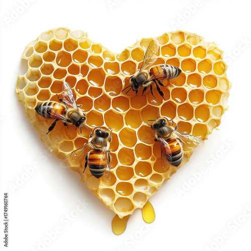 Bees on heart-shaped honeycomb on an isolated white background. Generated AI