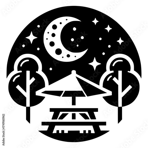Outdoor picnic area black and white vector icon with transparent background 