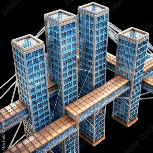 Connected Cityscape: An abstract rendering of a futuristic cityscape, showcasing interconnected skyscrapers. A visual representation of modern urban planning and technological innovation.