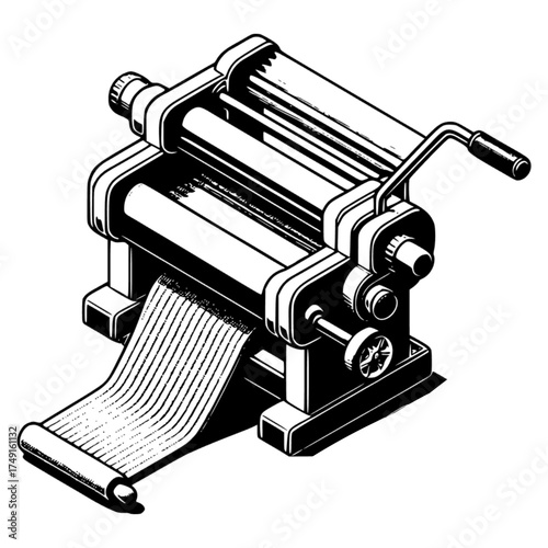 Isometric Pasta machine with dough sheet over white, Manual Dough sheeter, black vector icon with transparent background 
