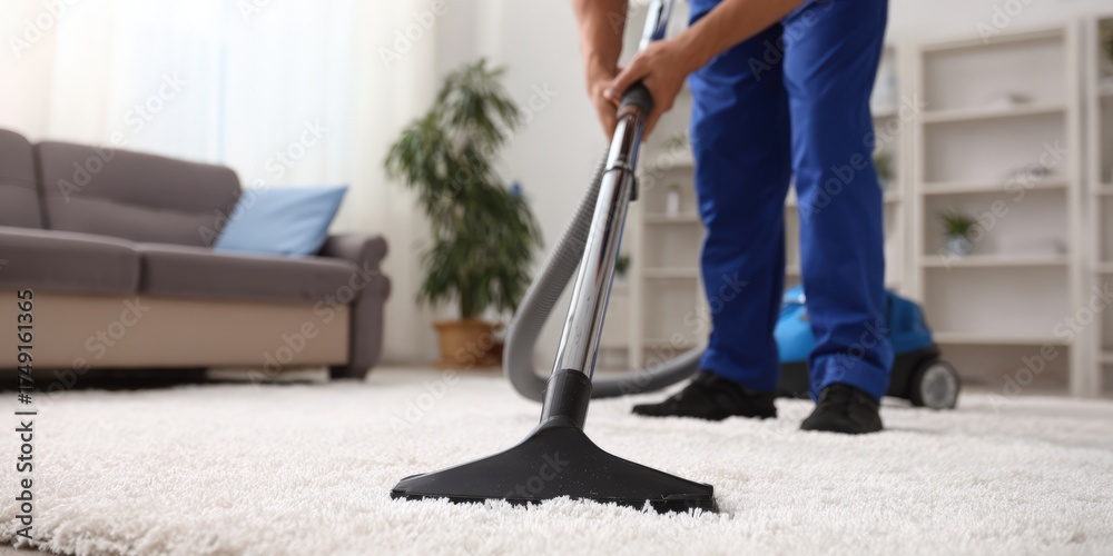 Fototapeta premium Man vacuuming white carpet, cleaning living room home