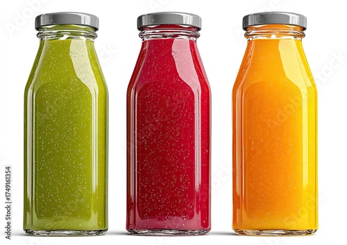 Three glass bottles of brightly colored smoothies