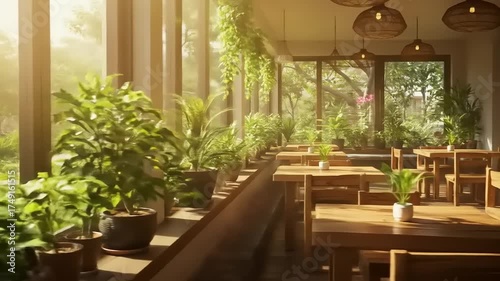 Bright and inviting restaurant interior with plants