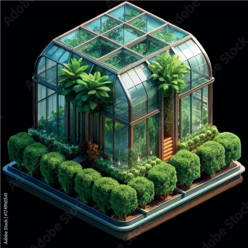 Greenhouse Haven: A tranquil scene of a modern greenhouse showcases lush greenery and architectural beauty. The clear glass panels and orderly arrangement evoke a sense of peace and harmony.