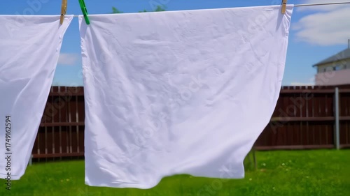 White sheets hang on a clothesline in a backyard on a sunny day