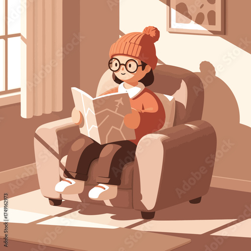 Reading Map at Home Cozy Travel Planning, Illustration