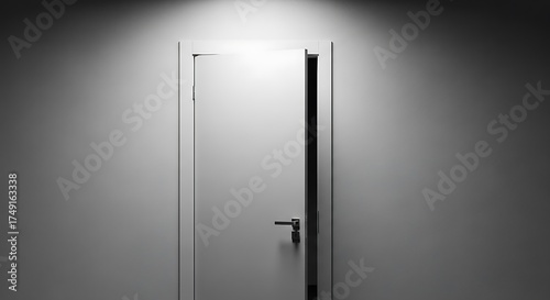 Illuminated door slightly ajar casting subtle shadows on neutral wall