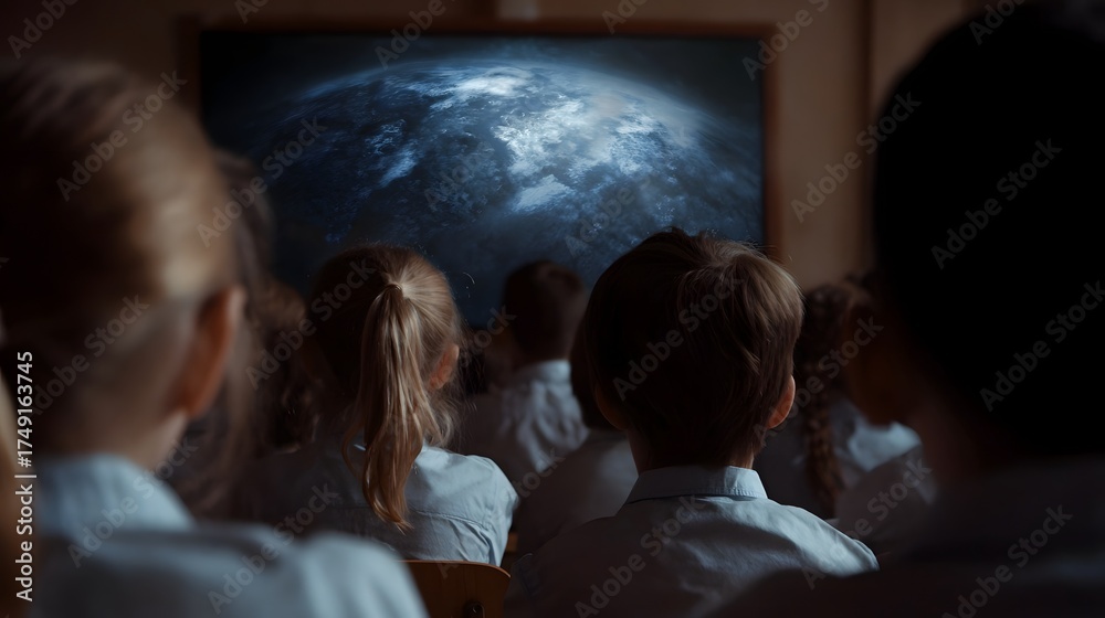 Fototapeta premium Children in a dimly lit classroom focus on a large projection of Earth engaging in a science lesson